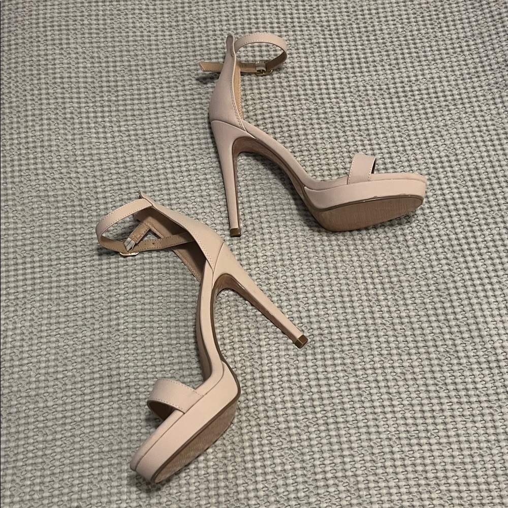 IDIFU Beige Nude Neutral Faux Suede Stiletto Platform Ankle Strap Open Toe Shoe - Picture 4 of 15
